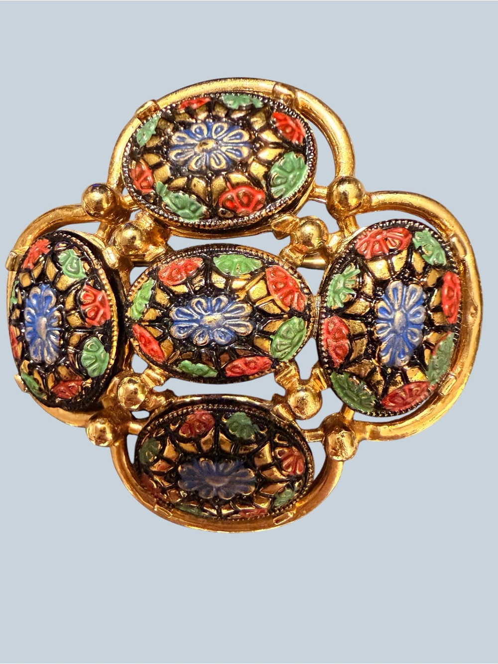 Sarah Coventry Hand Painted Gold-Tone Floral Enamel Brooch - Blue, Red, Green - Picture 6 of 11
